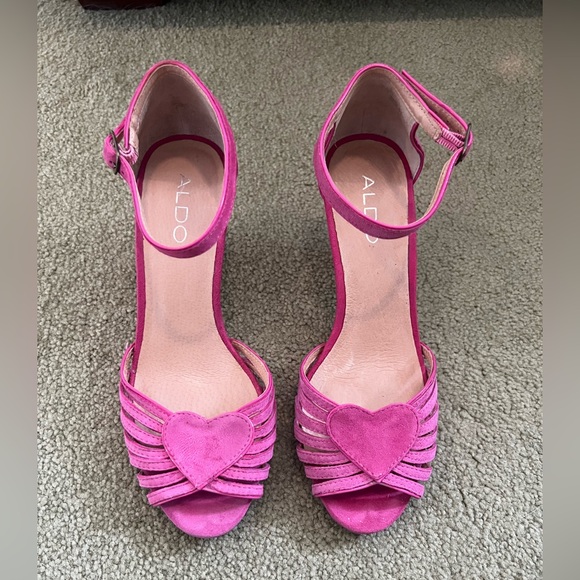 Aldo Shoes - Aldo Pink Heart Heels Size 38 / 7.5 Ankle Strap Sandals Valentine Barbiecore